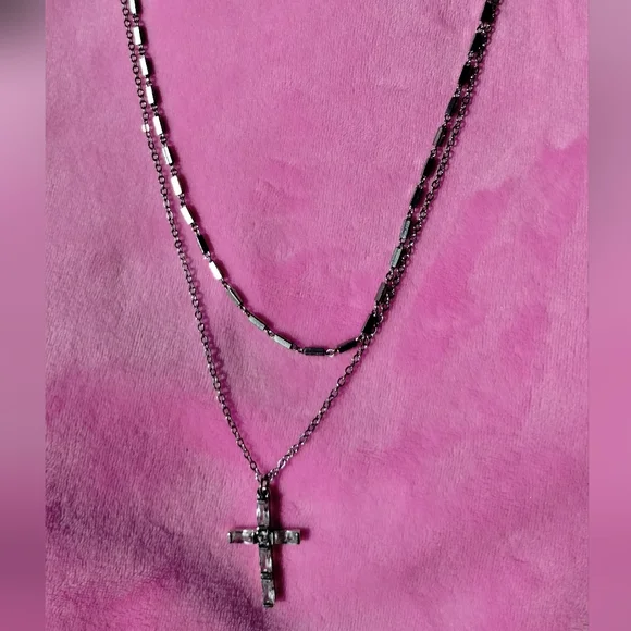 Two Layered Silver Cross Necklace - Picture 4 of 4